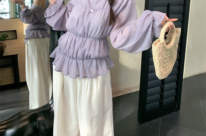 Lace One Panel Shoulder Plain Sleeve Blouse Trim Long