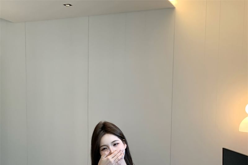 Plain Front Satin Shoulder Off Tie Sleeve / Top Shorts High V-Neck Lace Waist Cami Long