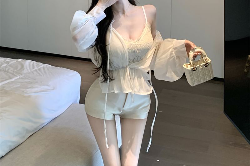 Plain Front Satin Shoulder Off Tie Sleeve / Top Shorts High V-Neck Lace Waist Cami Long