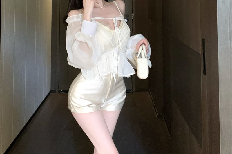 Plain Front Satin Shoulder Off Tie Sleeve / Top Shorts High V-Neck Lace Waist Cami Long