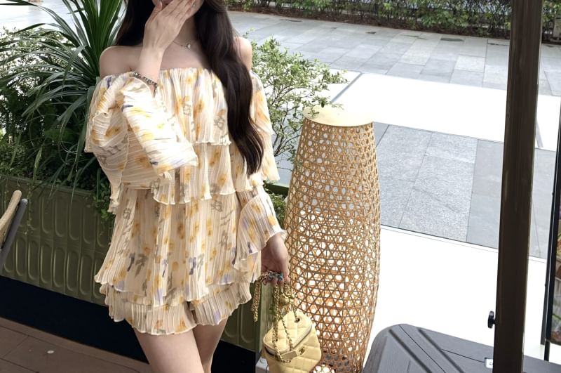 Shoulder Long / Waist Off Print Ruffle Blouse Floral Shorts High Sleeve