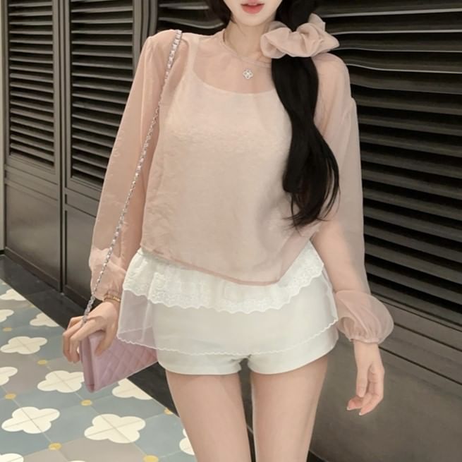 Cami Sleeve Crew Sheer Set: Long + Plain Top Blouse Neck