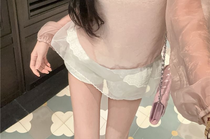 Cami Sleeve Crew Sheer Set: Long + Plain Top Blouse Neck