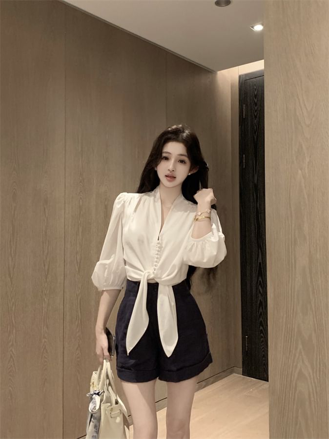 Front Blouse Sleeve V-Neck Plain Tie Elbow