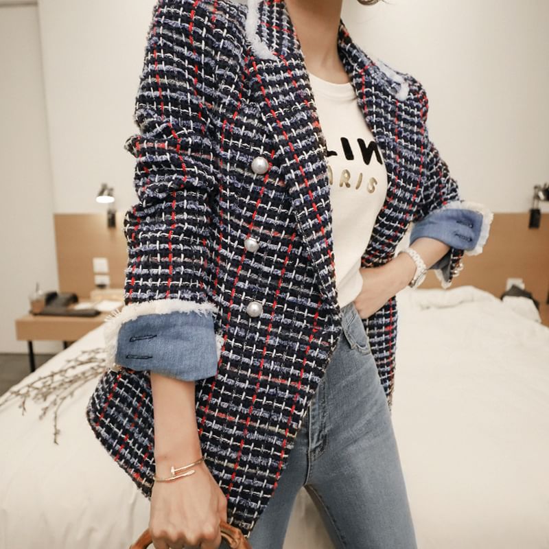 Lapel Collar Plaid Tweed Double Blazer