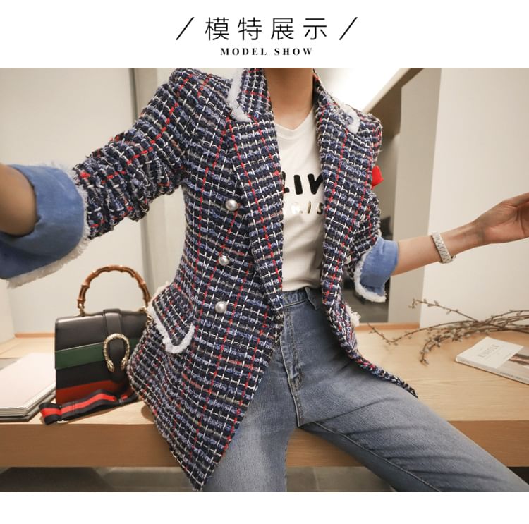 Lapel Collar Plaid Tweed Double Blazer