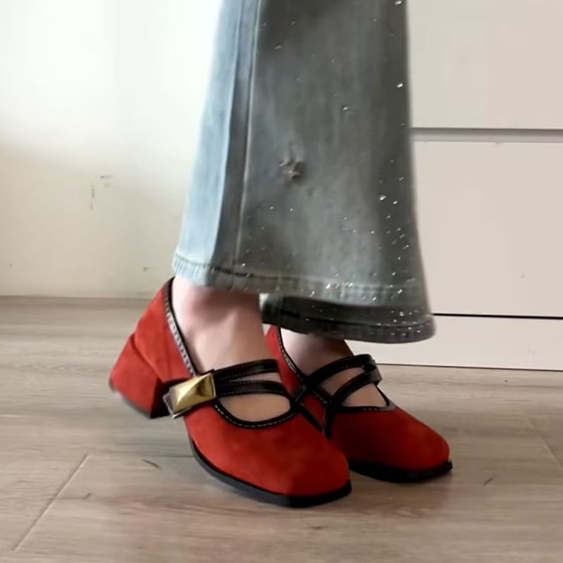 Jane Mary Buckle Shoes Metallic Heel Block