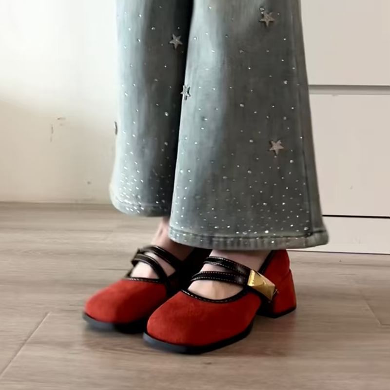 Jane Mary Buckle Shoes Metallic Heel Block