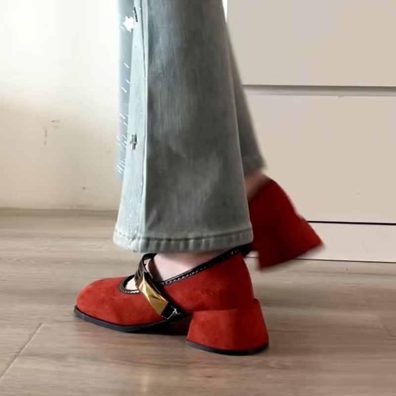 Jane Mary Buckle Shoes Metallic Heel Block