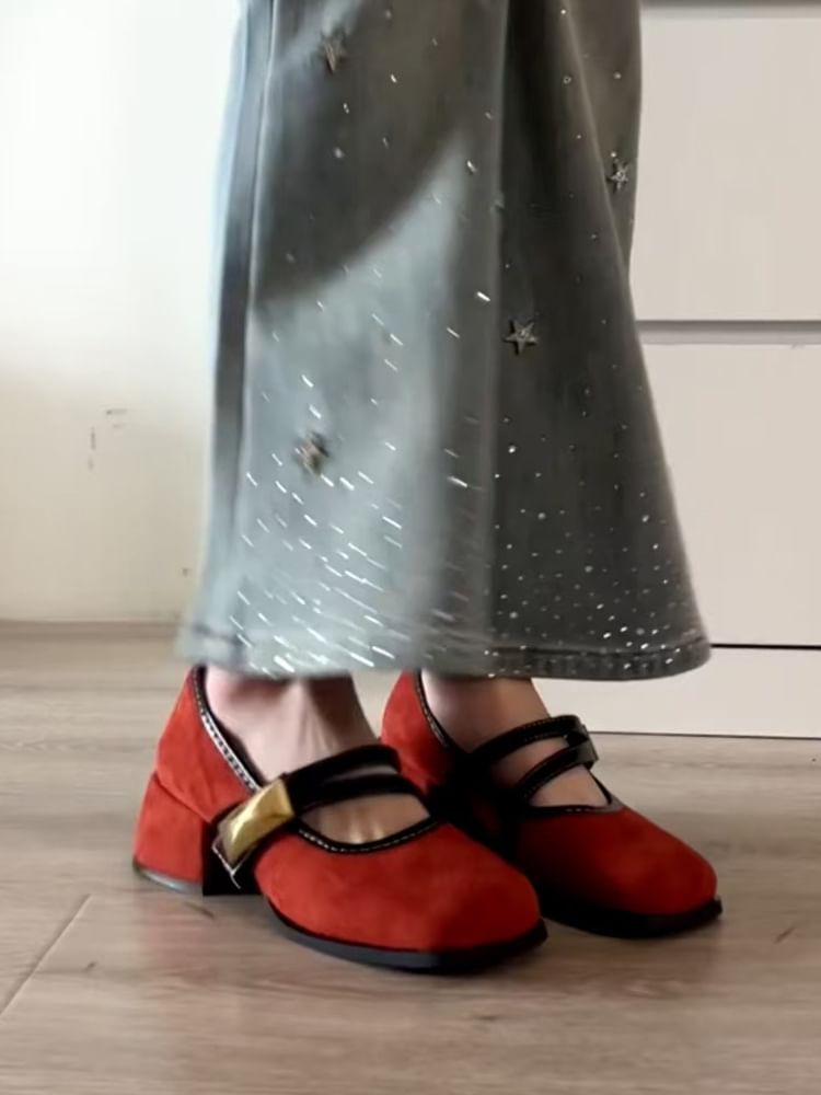 Jane Mary Buckle Shoes Metallic Heel Block