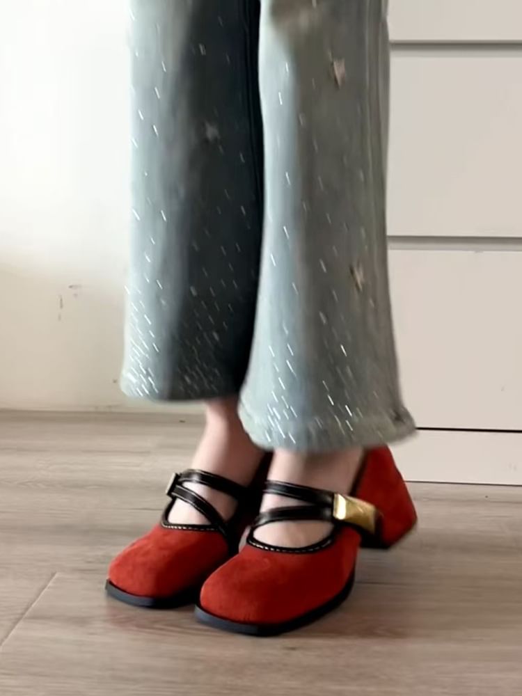 Jane Mary Buckle Shoes Metallic Heel Block