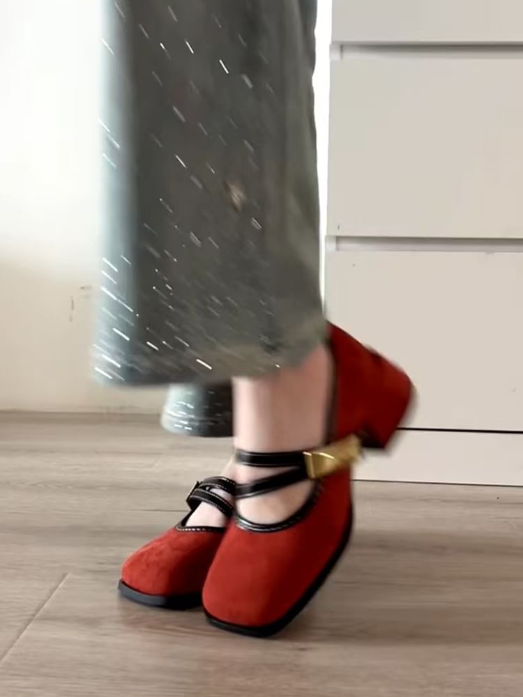 Jane Mary Buckle Shoes Metallic Heel Block