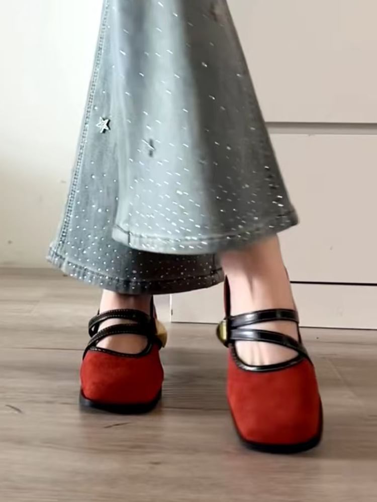 Jane Mary Buckle Shoes Metallic Heel Block