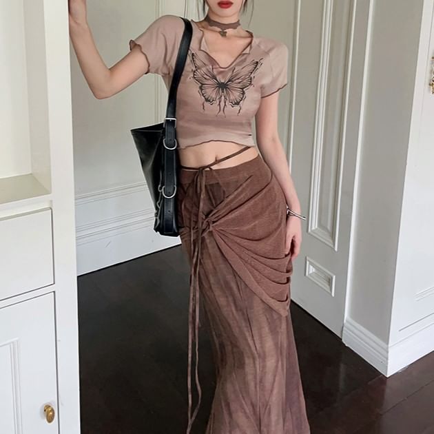 Tie-Up Maxi Short Print Mid Crop Tee Butterfly Skirt / Sleeve V-Neck Waist Pencil