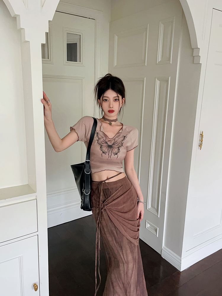 Tie-Up Maxi Short Print Mid Crop Tee Butterfly Skirt / Sleeve V-Neck Waist Pencil