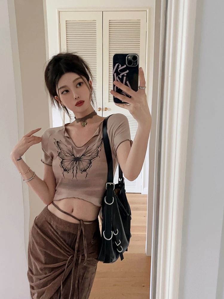 Tie-Up Maxi Short Print Mid Crop Tee Butterfly Skirt / Sleeve V-Neck Waist Pencil