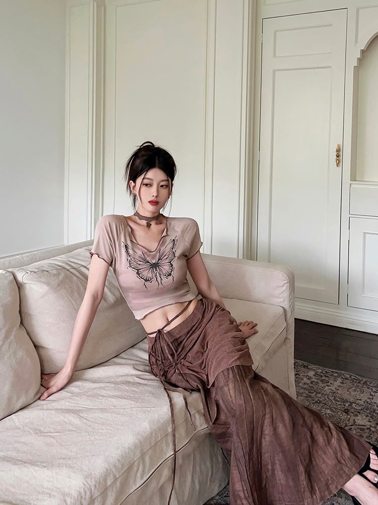 Tie-Up Maxi Short Print Mid Crop Tee Butterfly Skirt / Sleeve V-Neck Waist Pencil