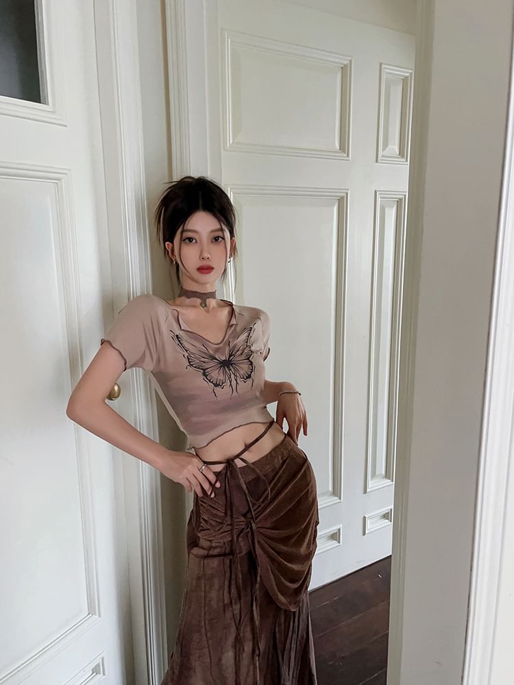 Tie-Up Maxi Short Print Mid Crop Tee Butterfly Skirt / Sleeve V-Neck Waist Pencil