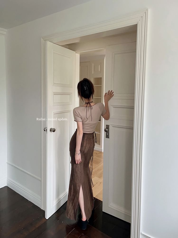 Tie-Up Maxi Short Print Mid Crop Tee Butterfly Skirt / Sleeve V-Neck Waist Pencil