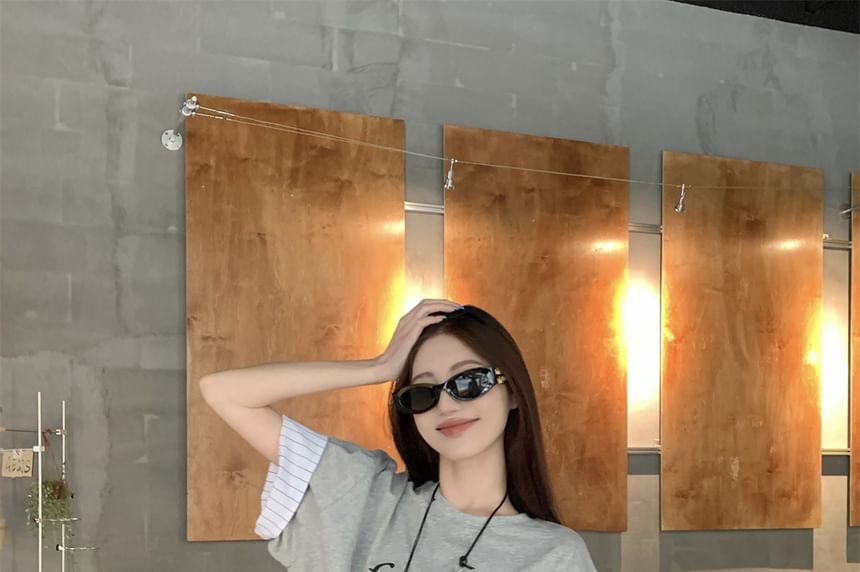 Sleeve Striped Short Print Round Neck Panel Lettering T-Shirt