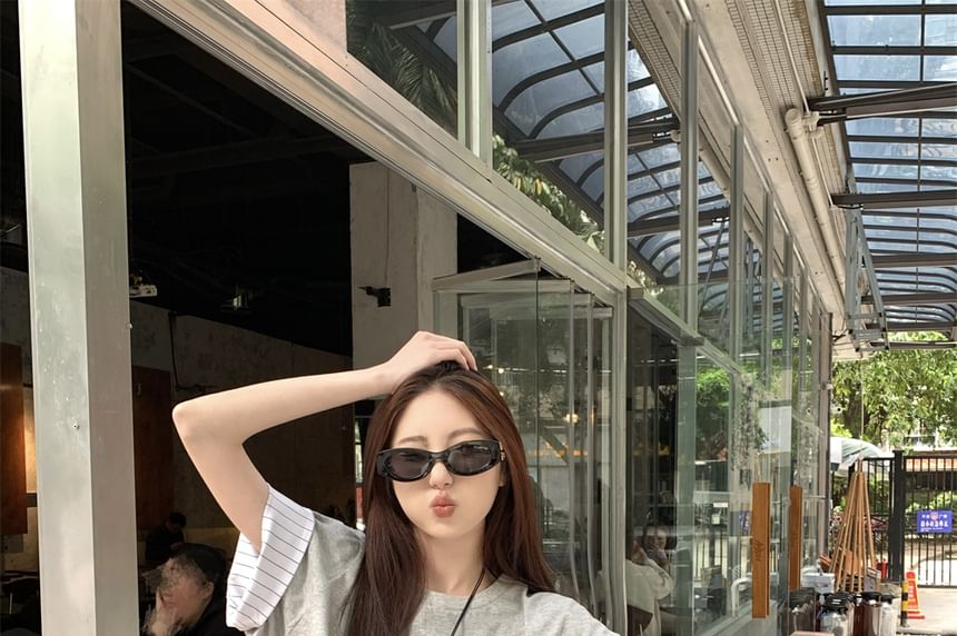 Sleeve Striped Short Print Round Neck Panel Lettering T-Shirt