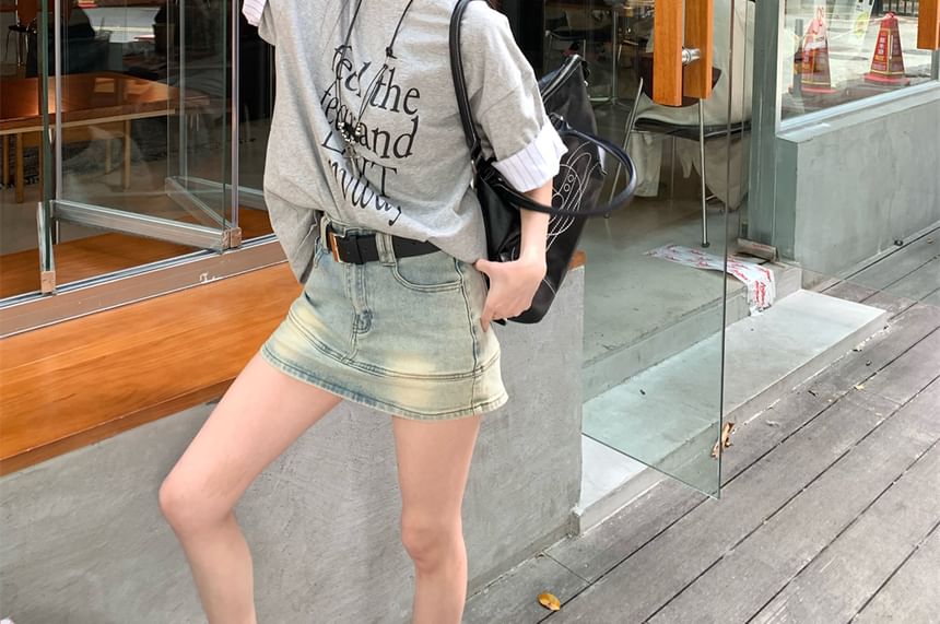 Sleeve Striped Short Print Round Neck Panel Lettering T-Shirt