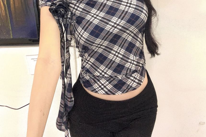 Off Shoulder Top Short Sleeve Plaid