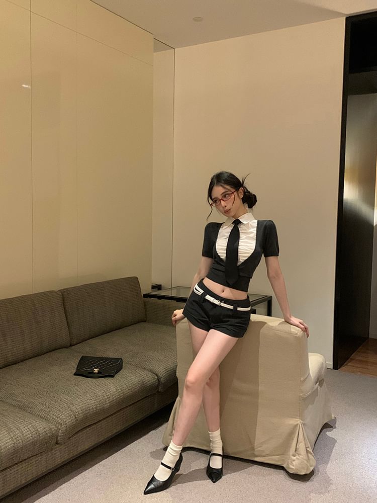 Plain Mock Rise Short Piece Mid Sleeve Top Crop Necktie Shorts Collared Ruched / Two