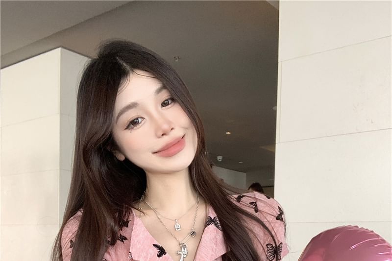 Sleeve Button Butterfly Short V-Neck Print Top