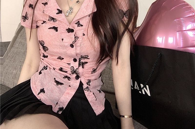 Sleeve Button Butterfly Short V-Neck Print Top