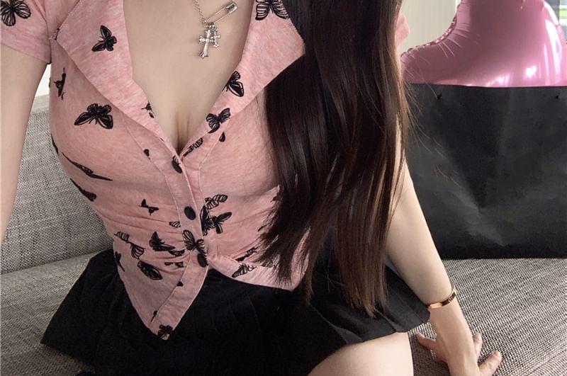 Sleeve Button Butterfly Short V-Neck Print Top