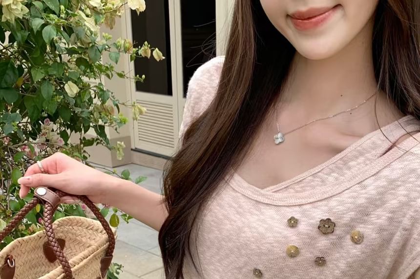 Sleeve + Shoulder Plain Belt Cold Top Set: Short Button Cord