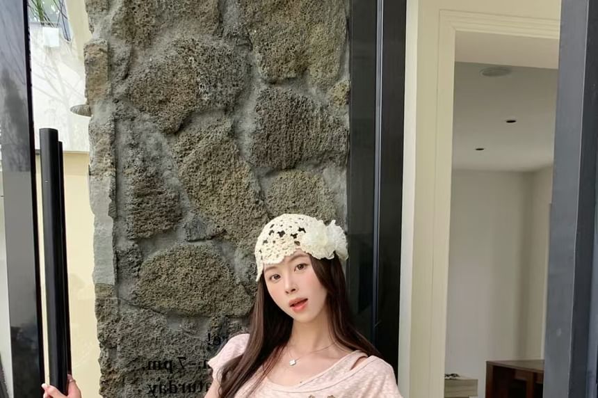 Sleeve + Shoulder Plain Belt Cold Top Set: Short Button Cord