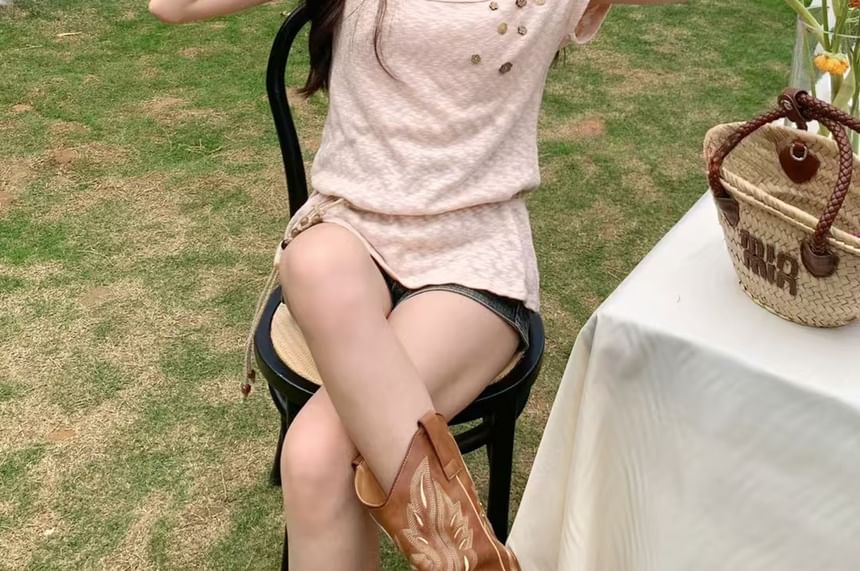 Sleeve + Shoulder Plain Belt Cold Top Set: Short Button Cord