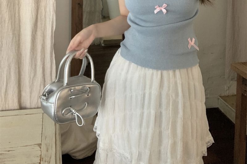 Neck Sleeve Crew Cap Bow Top Knit