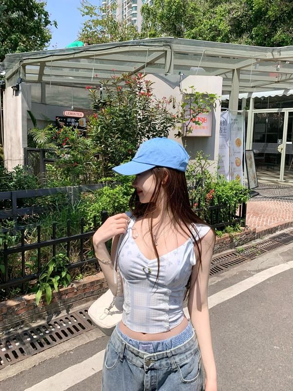 Print V-Neck Panel Floral Bow Top Camisole