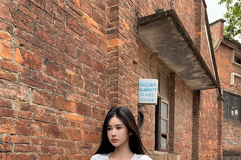 T-Shirt Pointelle Round Bow Neck Sleeve Short