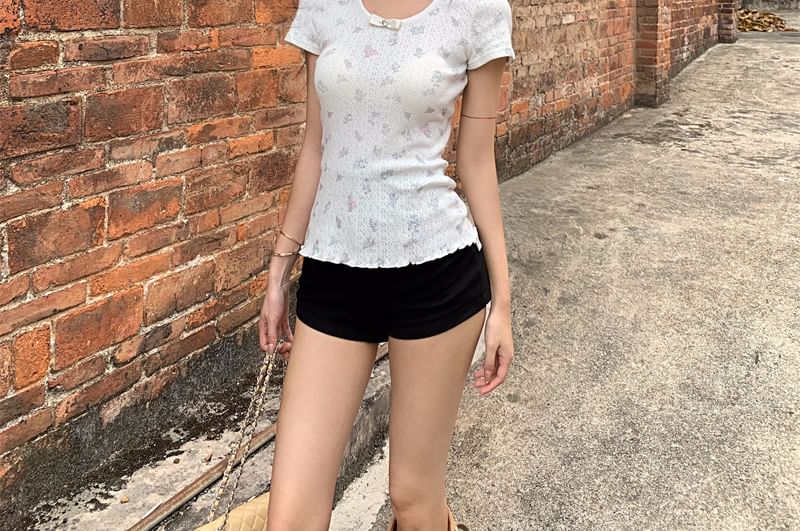 T-Shirt Pointelle Round Bow Neck Sleeve Short
