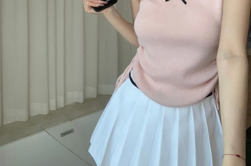 Lace Cap Plain Trim Top Bow Knit V-Neck Sleeve