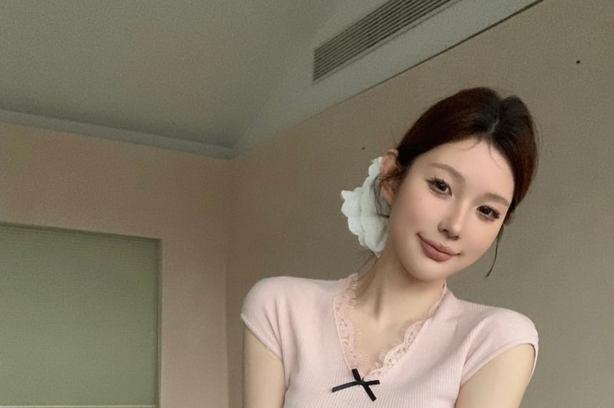 Lace Cap Plain Trim Top Bow Knit V-Neck Sleeve