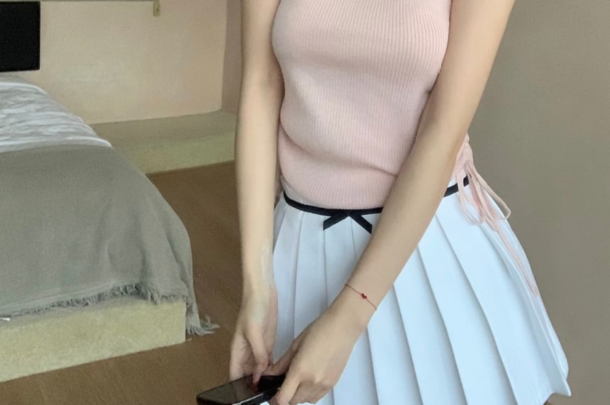 Lace Cap Plain Trim Top Bow Knit V-Neck Sleeve