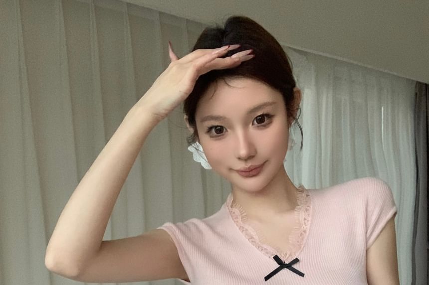 Lace Cap Plain Trim Top Bow Knit V-Neck Sleeve