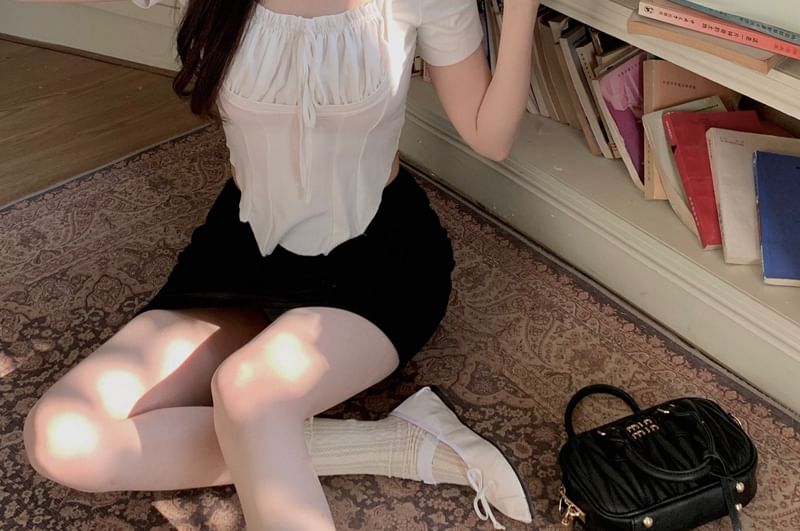 Short Top Plain Sleeve Ruched Mock Square Neck Two Piece