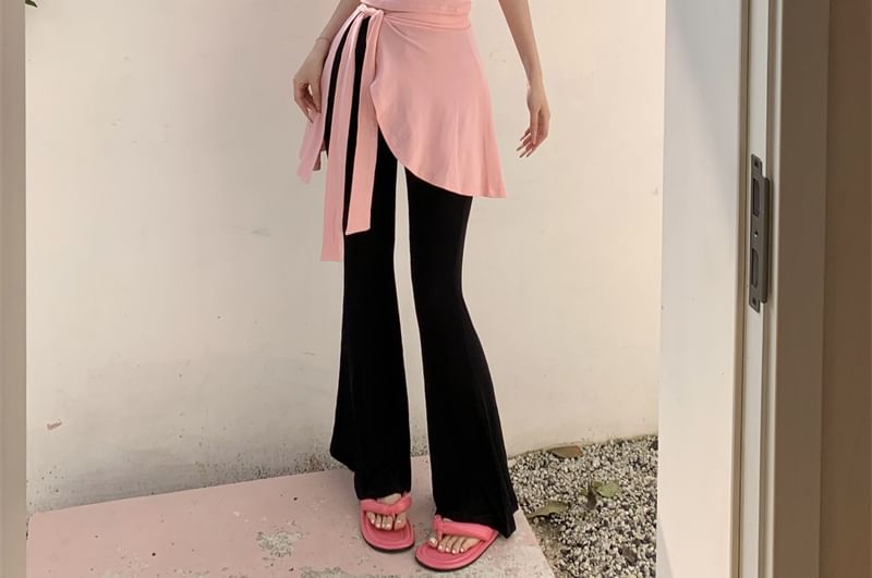 Piece Flared Pants Mock High Two Asymmetrical Cap Neck / Waist Plain Sleeve T-Shirt Crew