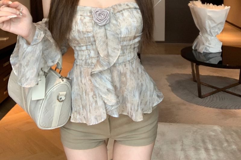 Off Floral Top Crop Shoulder Print Long-Sleeve