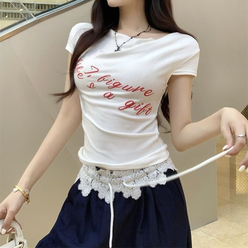 Lace Pants Leg Wide Waistband Lettering / Short-Sleeve T-Shirt