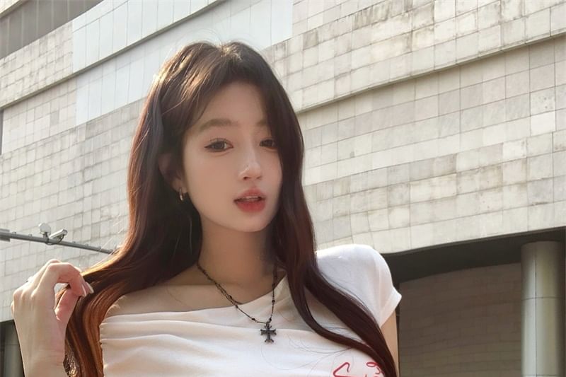 Lace Pants Leg Wide Waistband Lettering / Short-Sleeve T-Shirt