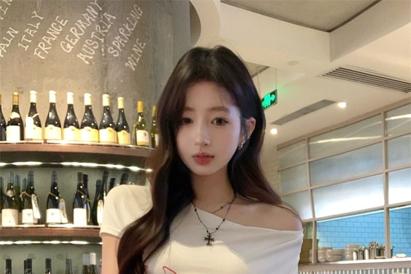 Lace Pants Leg Wide Waistband Lettering / Short-Sleeve T-Shirt