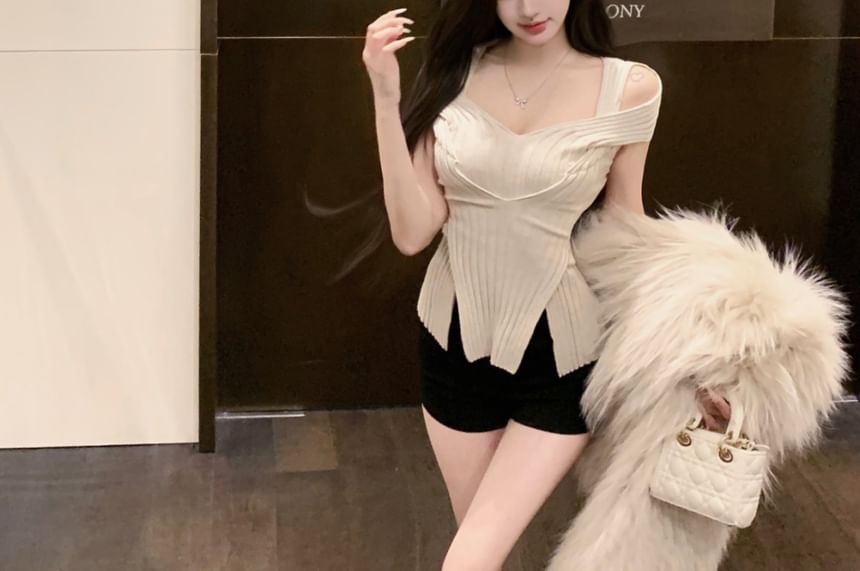 Crop Cold Plain Shoulder Top Short-Sleeve