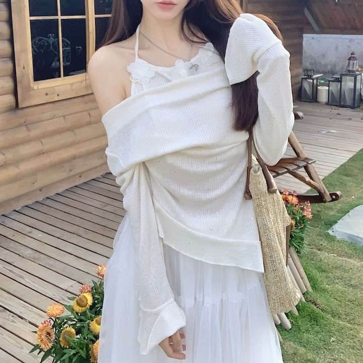 / Skirt High Long-Sleeve Mock Rise Top Two-Piece A-Line Maxi Plain